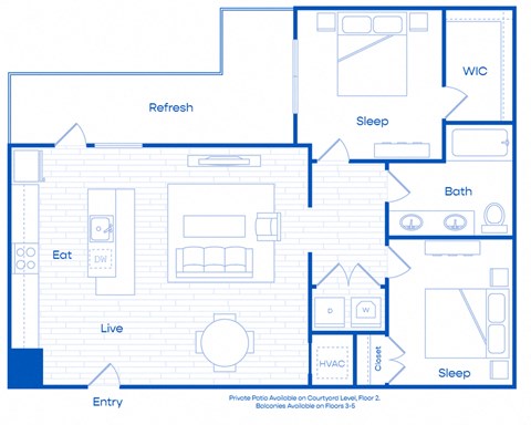 Floor plan for 2 beds, 1 bath, 916 sqft