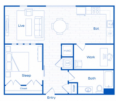Floor plan for 1 bed, 1 bath, 710 sqft