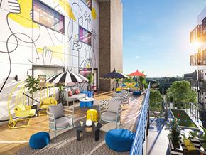 Richmond apartment for rent - A modern outdoor seating area with yellow chairs and blue ottomans.