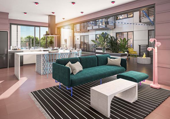 Richmond apartment for rent - A modern living room with a green sofa and a white coffee table.