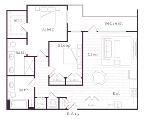 Floor plan for 2 beds, 2 baths, 1038 sqft