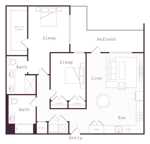 Floor plan for 2 beds, 2 baths, 1021 sqft