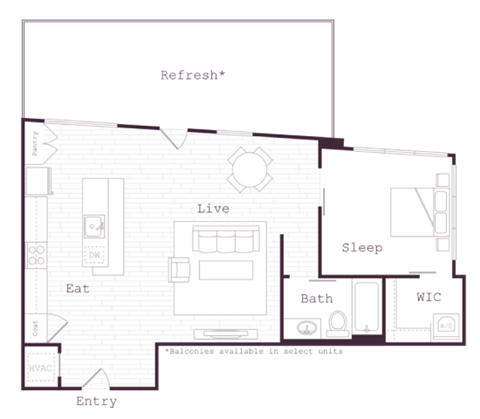 Floor plan for 1 bed, 1 bath, 830 sqft