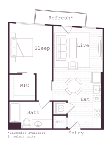 Floor plan for 1 bed, 1 bath, 585 sqft