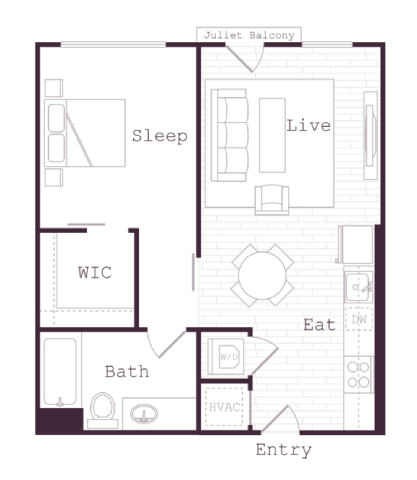 Floor plan for 1 bed, 1 bath, 602 sqft