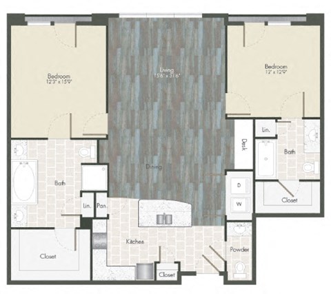 Floor plan for 2 beds, 2.5 baths, 1366 sqft