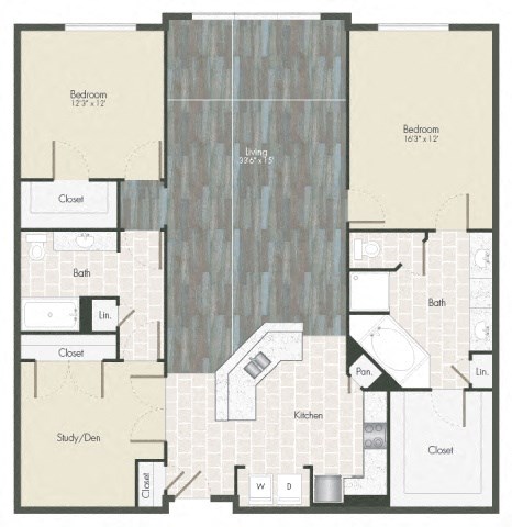 Floor plan for 2 beds, 2 baths, 1608 sqft