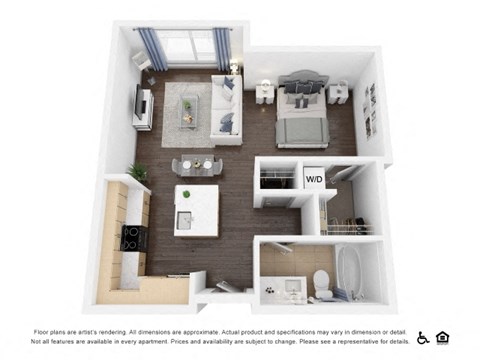 Floor plan for studio, 1 bath, 722 sqft