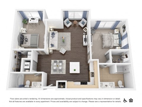 Floor plan for 2 beds, 2 baths, 1305 sqft