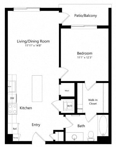 Floor plan for 1 bed, 1 bath, 696 sqft