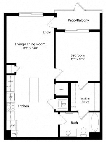 Floor plan for 1 bed, 1 bath, 696 sqft