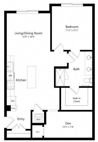 Floor plan for 1 bed, 1 bath, 864 sqft