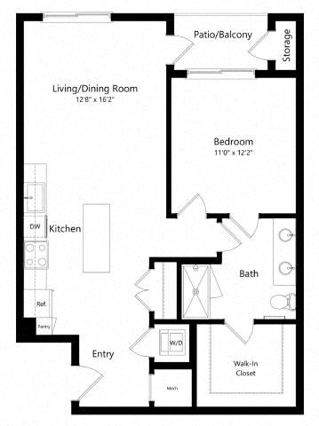 Floor plan for 1 bed, 1 bath, 797 sqft