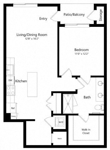 Floor plan for 1 bed, 1 bath, 797 sqft