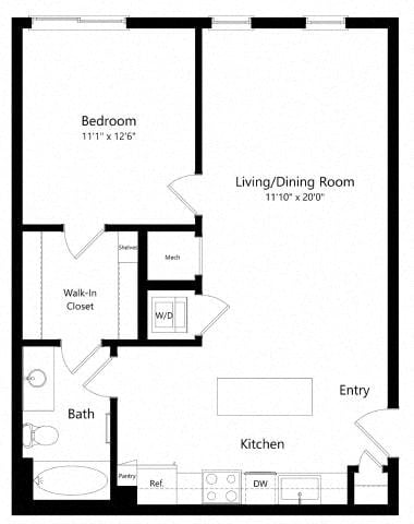 Floor plan for 1 bed, 1 bath, 751 sqft
