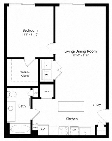 Floor plan for 1 bed, 1 bath, 751 sqft