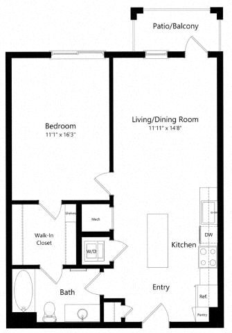 Floor plan for 1 bed, 1 bath, 741 sqft