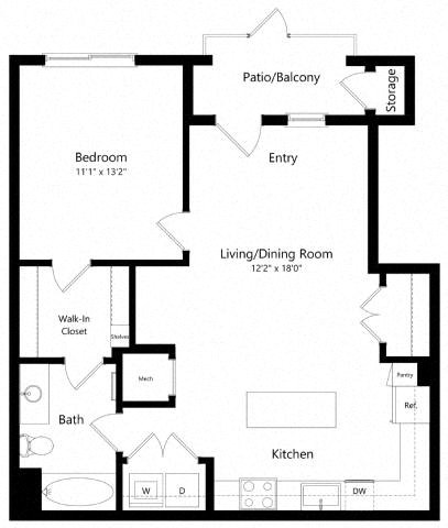 Floor plan for 1 bed, 1 bath, 772 sqft