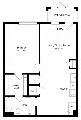 Floor plan for 1 bed, 1 bath, 741 sqft