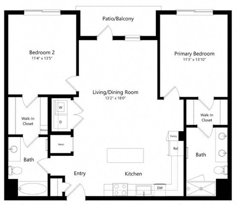 Floor plan for 2 beds, 2 baths, 1096 sqft