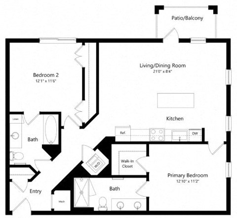 Floor plan for 2 beds, 2 baths, 1049 sqft