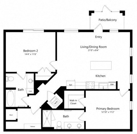 Floor plan for 2 beds, 2 baths, 1049 sqft