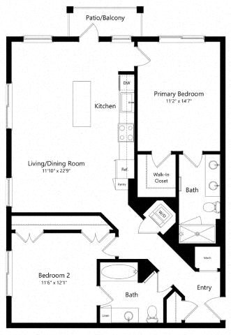 Floor plan for 2 beds, 2 baths, 1102 sqft