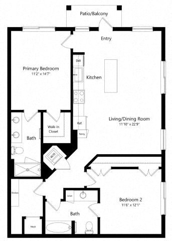 Floor plan for 2 beds, 2 baths, 1102 sqft
