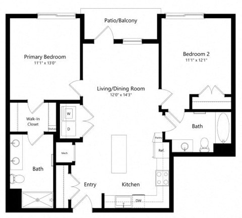 Floor plan for 2 beds, 2 baths, 964 sqft