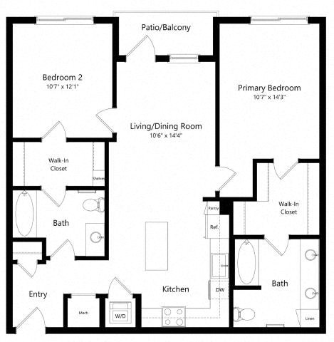 Floor plan for 2 beds, 2 baths, 1044 sqft