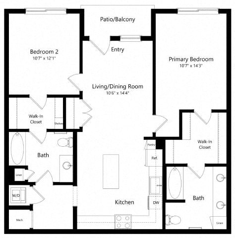 Floor plan for 2 beds, 2 baths, 1044 sqft