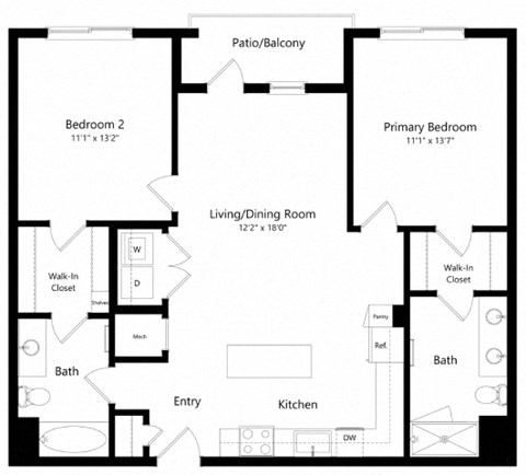 Floor plan for 2 beds, 2 baths, 1051 sqft