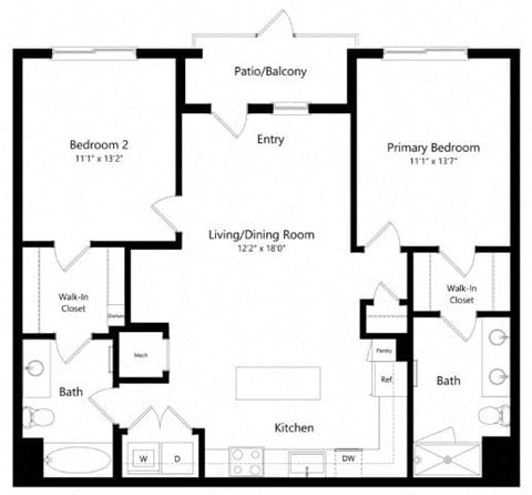 Floor plan for 2 beds, 2 baths, 1051 sqft
