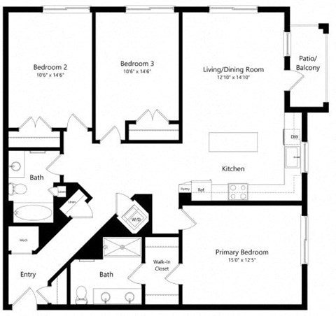 Floor plan for 3 beds, 2 baths, 1366 sqft