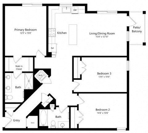 Floor plan for 3 beds, 2 baths, 1366 sqft