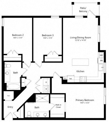 Floor plan for 3 beds, 2 baths, 1366 sqft