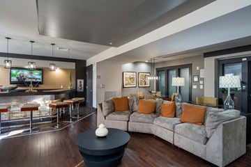 Chesapeake apartment for rent - A modern living room with a grey couch and a black coffee table.