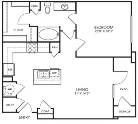 Floor plan for 1 bed, 1 bath, 754 sqft