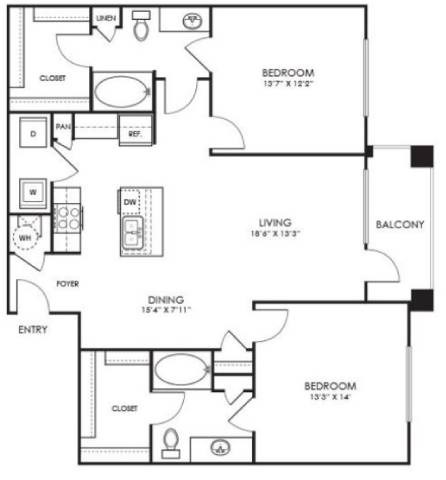 Floor plan for 2 beds, 2 baths, 1227 sqft