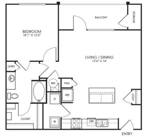Floor plan for 1 bed, 1 bath, 828 sqft