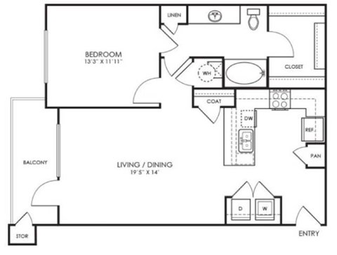 Floor plan for 1 bed, 1 bath, 837 sqft