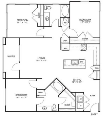 Floor plan for 3 beds, 2 baths, 1454 sqft