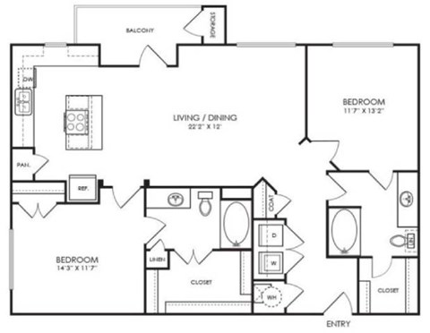 Floor plan for 2 beds, 2 baths, 1199 sqft