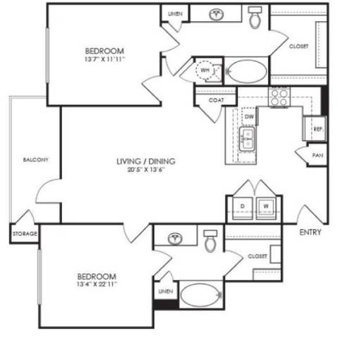 Floor plan for 2 beds, 2 baths, 1128 sqft