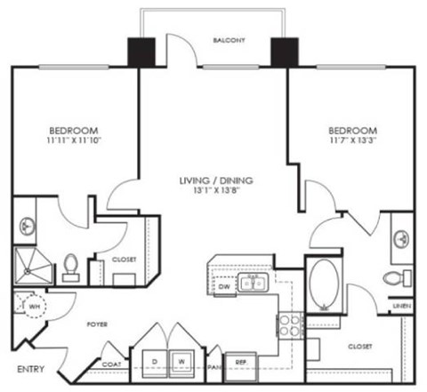 Floor plan for 2 beds, 2 baths, 1062 sqft