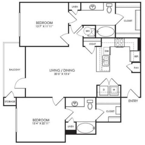 Floor plan for 2 beds, 2 baths, 1070 sqft
