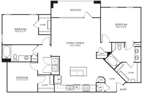 Floor plan for 3 beds, 2 baths, 1540 sqft
