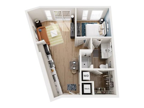 Floor plan for 1 bed, 1 bath, 638 sqft