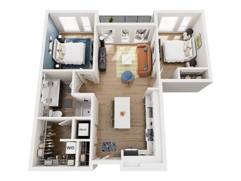 Floor plan for 1 bed, 1 bath, 885 sqft