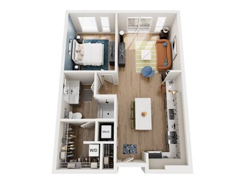 Floor plan for 1 bed, 1 bath, 763 sqft